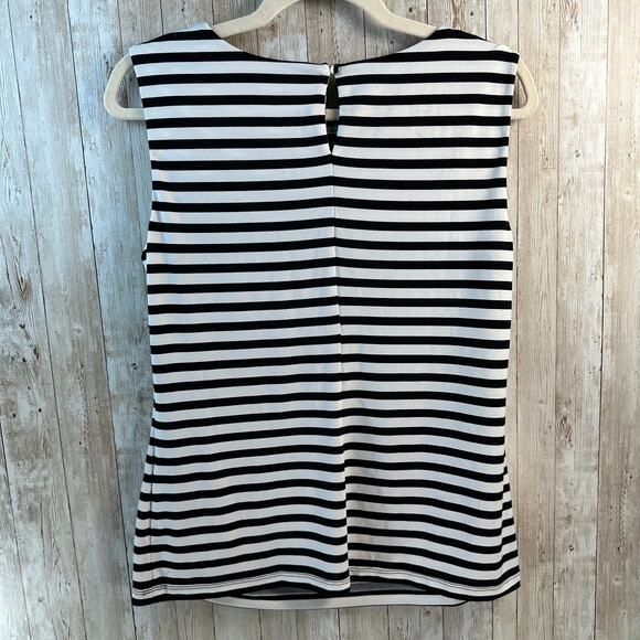 Calvin Klein Tank Top Womens M Black Ivory Striped Pintuck Neck Keyhole Back - Picture 2 of 9
